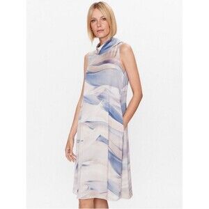 Peserico Sleeveless Wave-Print Midi Dress in Blue and Cream Size S/M